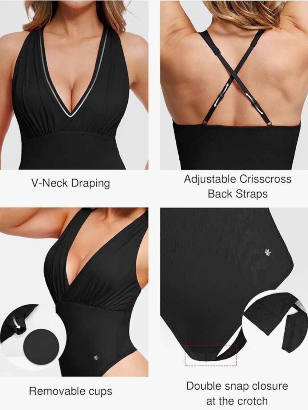 New L Popilush Black V-Neck Tummy Control Halter Bodysuit - Picture 4 of 10